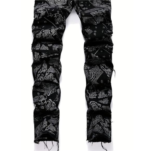 NWT Men's Black & White Paisley Ruched Stacked Jeans - Picture 2 of 5